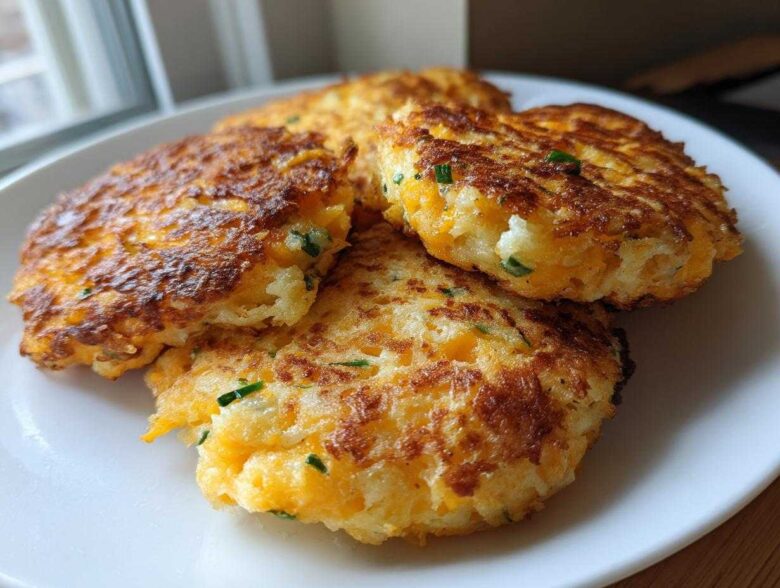 Four golden brown, pan-fried mashed potato cakes, flecked with cheese and chives, served on a white plate.