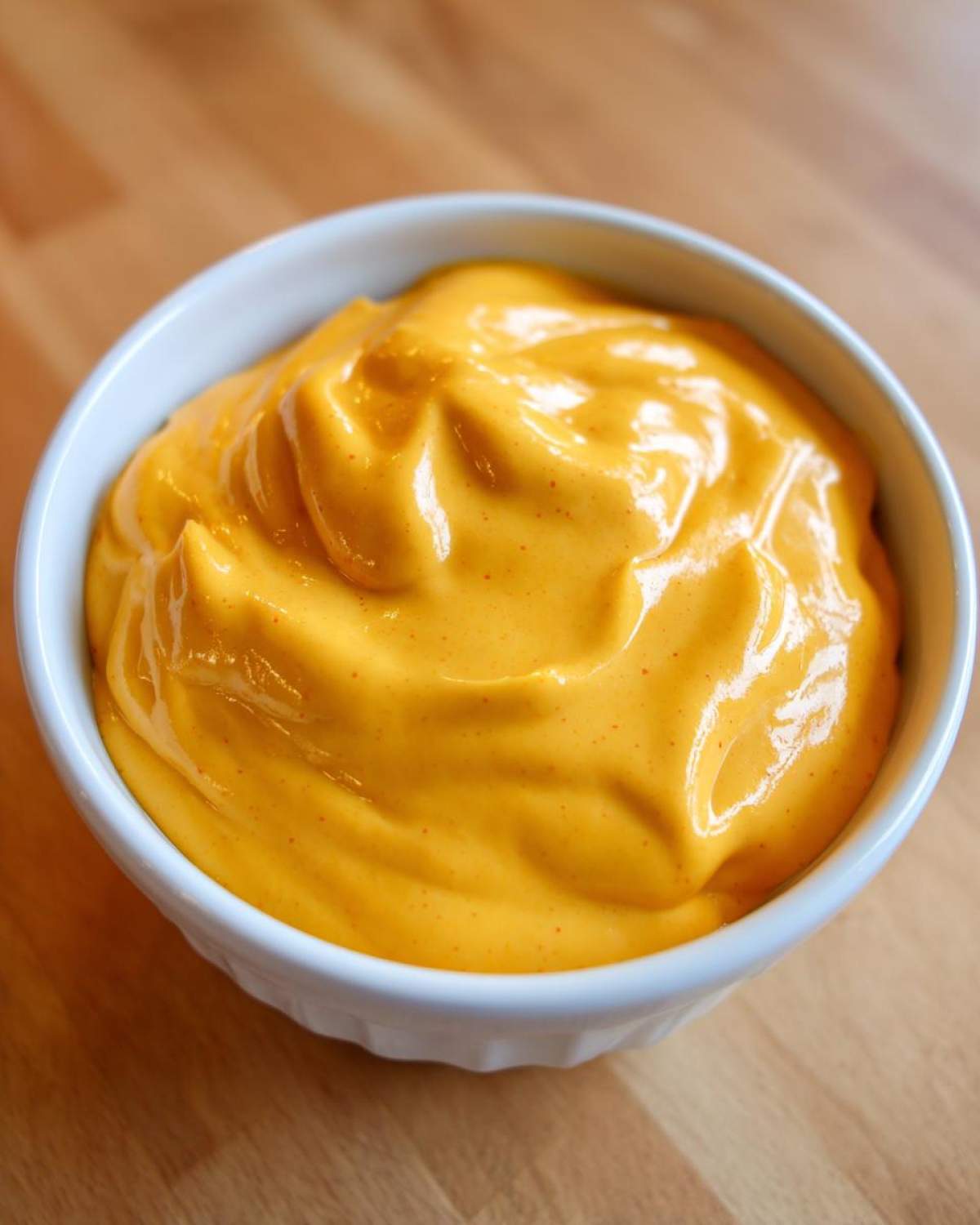 Close-up of a small white bowl filled with thick, vibrant orange homemade nacho cheese sauce.