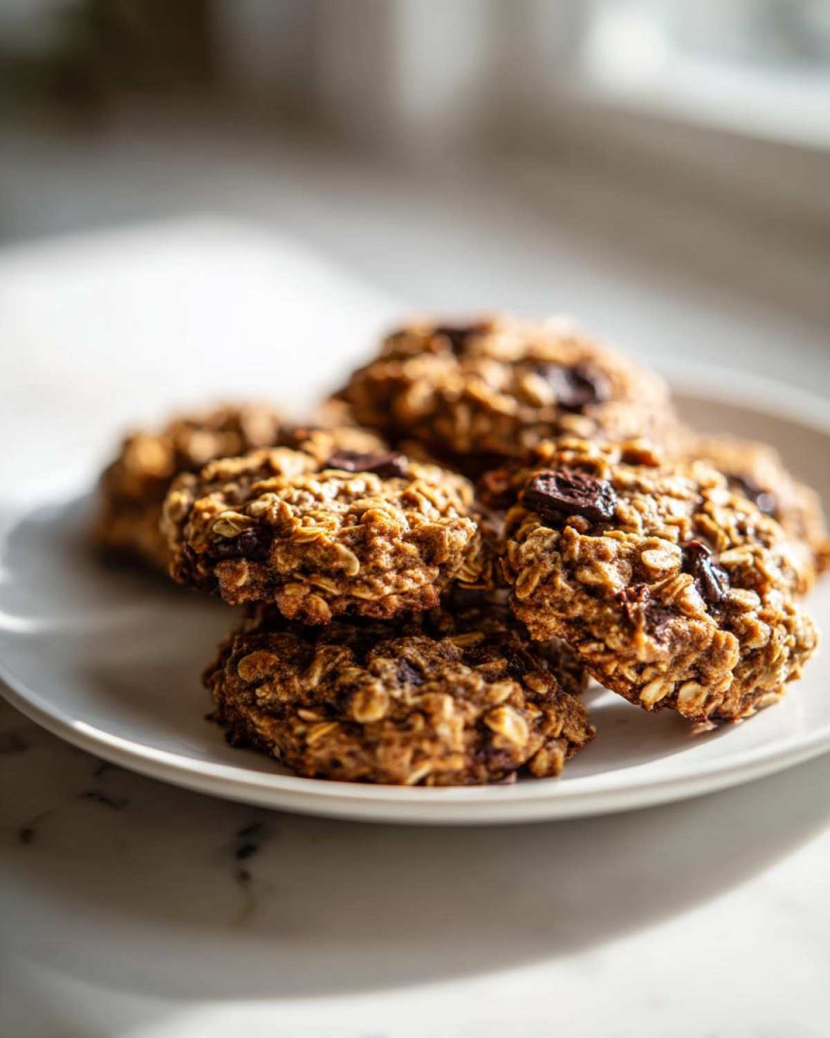 A close-up of a small stack of freshly baked oatmeal cookie treats piled on a white plate near a window.