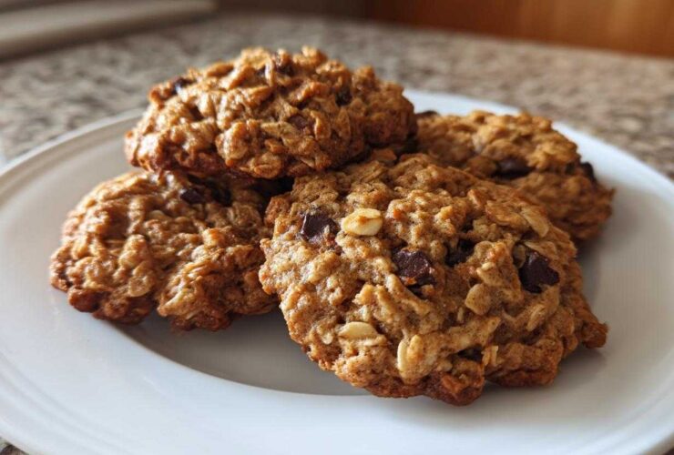 A close-up of several freshly baked oatmeal cookie treats stacked on a white plate.