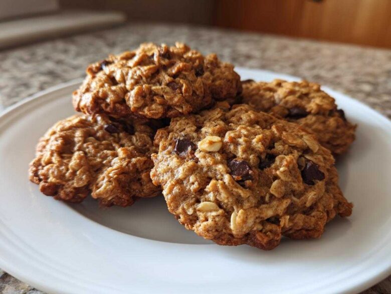 A close-up of several freshly baked oatmeal cookie treats stacked on a white plate.