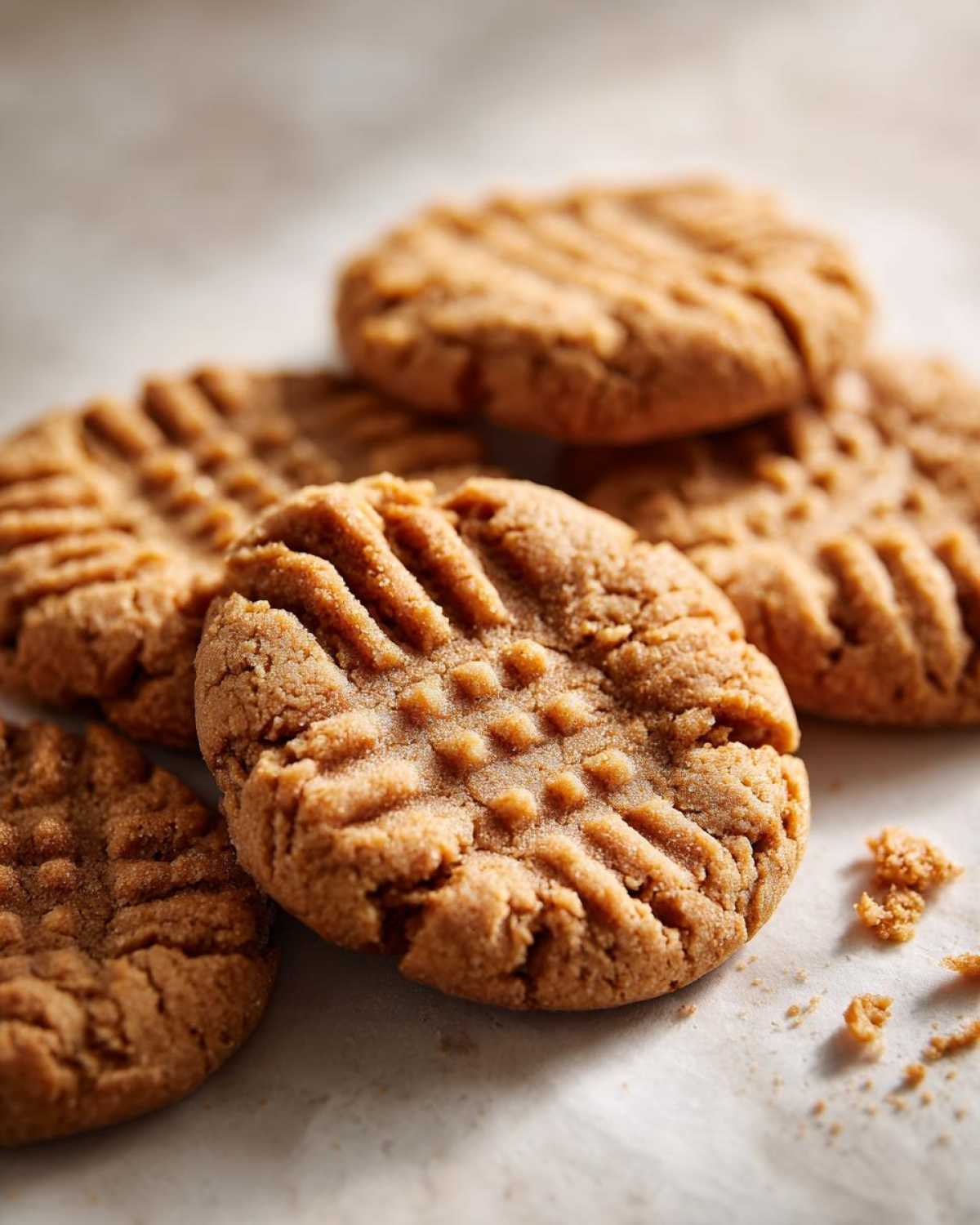 A close-up, macro shot of several freshly baked peanut butter cookies showing the signature criss-cross fork marks.