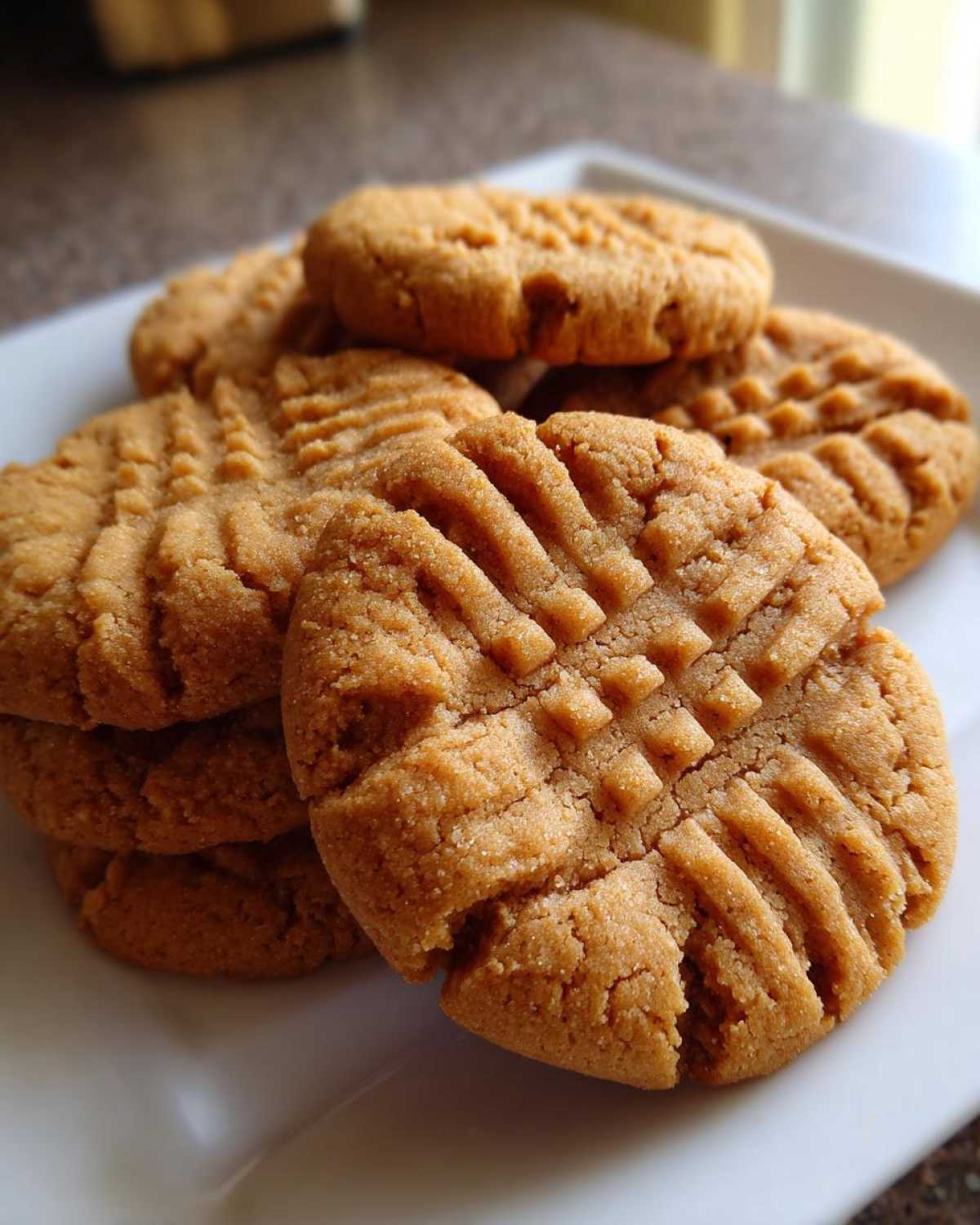 Close-up of several golden brown peanut butter cookies stacked on a white plate, showing classic crosshatch fork marks.