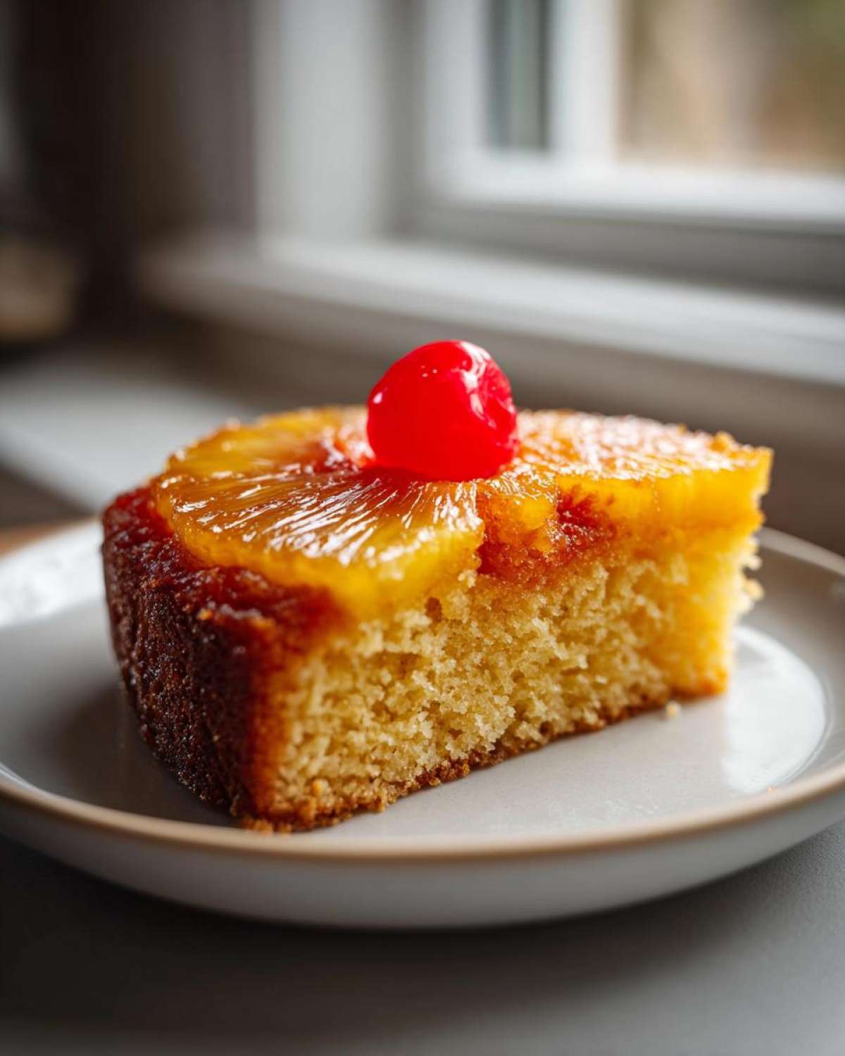 A close-up of a moist slice of pineapple upside down cake topped with caramelized pineapple and a maraschino cherry.