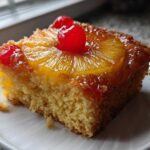 A delicious slice of pineapple upside down cake topped with caramelized pineapple and maraschino cherries.