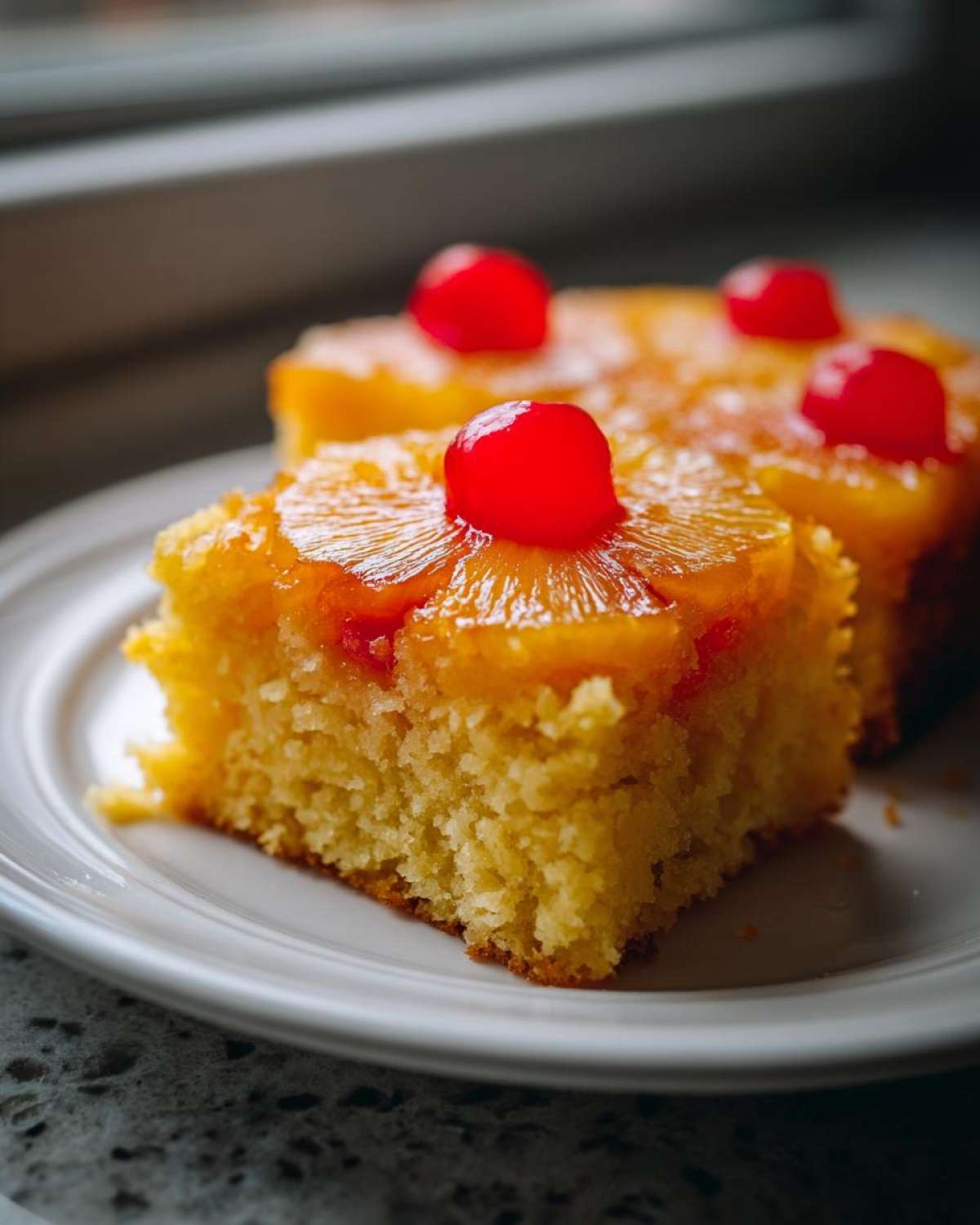 Close-up of a moist slice of pineapple upside down cake topped with pineapple rings and a maraschino cherry.