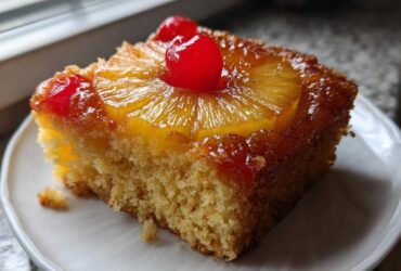 A delicious slice of pineapple upside down cake topped with caramelized pineapple and maraschino cherries.