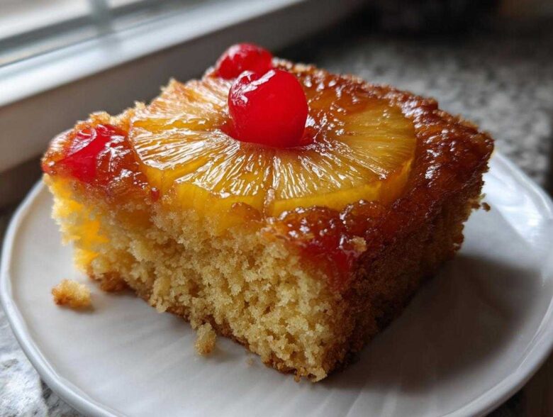 A delicious slice of pineapple upside down cake topped with caramelized pineapple and maraschino cherries.