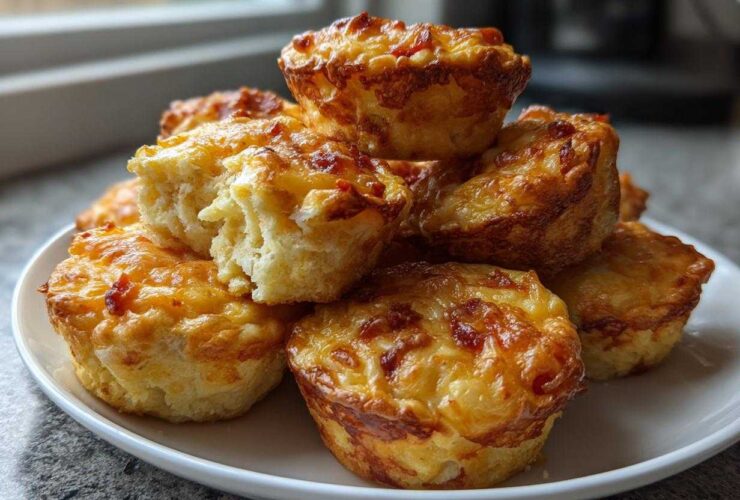 A close-up stack of golden brown, cheesy Pizza Muffins on a white plate, one broken open showing the fluffy interior.