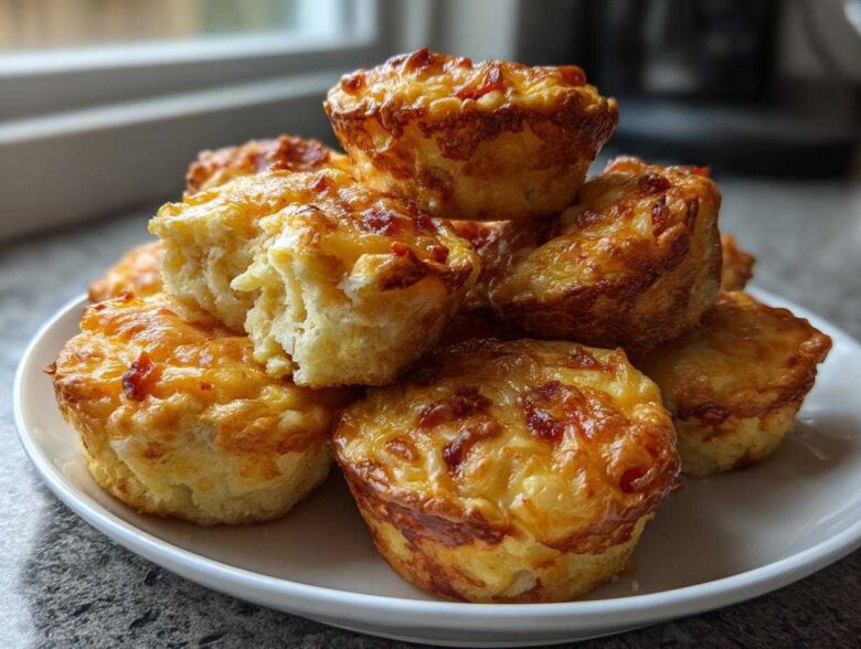 A close-up stack of golden brown, cheesy Pizza Muffins on a white plate, one broken open showing the fluffy interior.