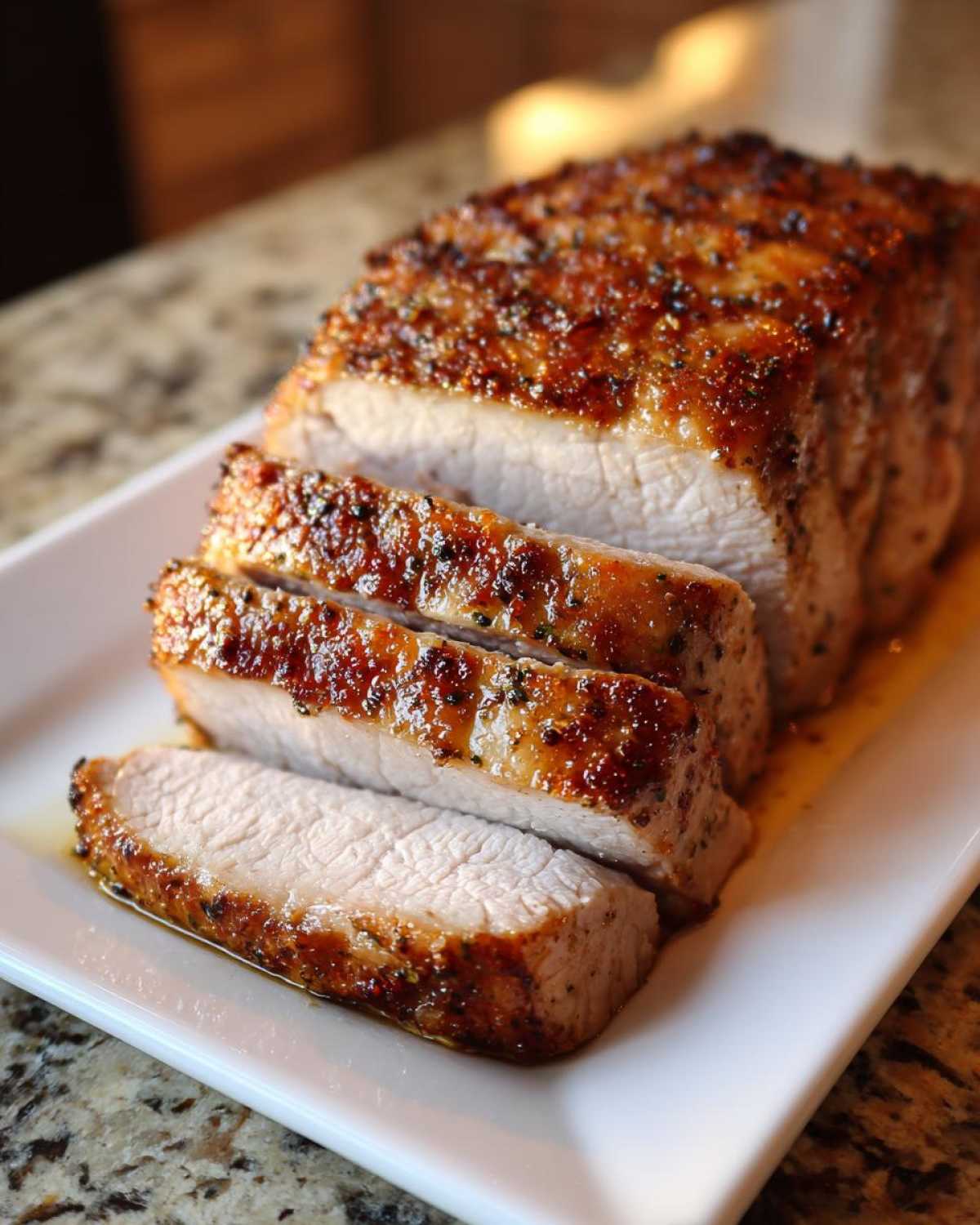 Close-up of a juicy pork loin roast, sliced to show the tender interior and seasoned, caramelized crust.