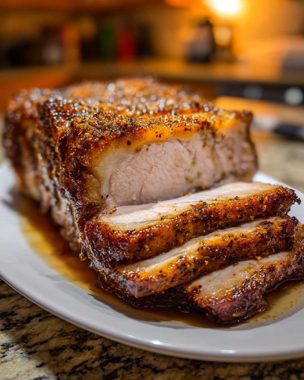 Close-up of a perfectly cooked pork loin roast, sliced to show juicy interior and seasoned crust.