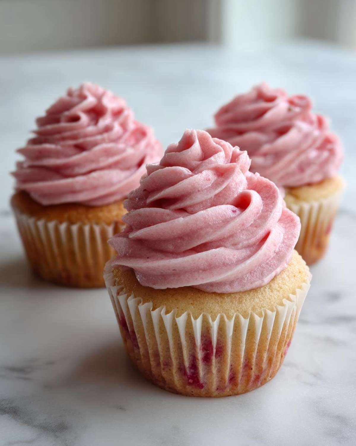 Three delicious strawberry cupcakes with tall swirls of pink strawberry frosting sitting on a white marble surface.