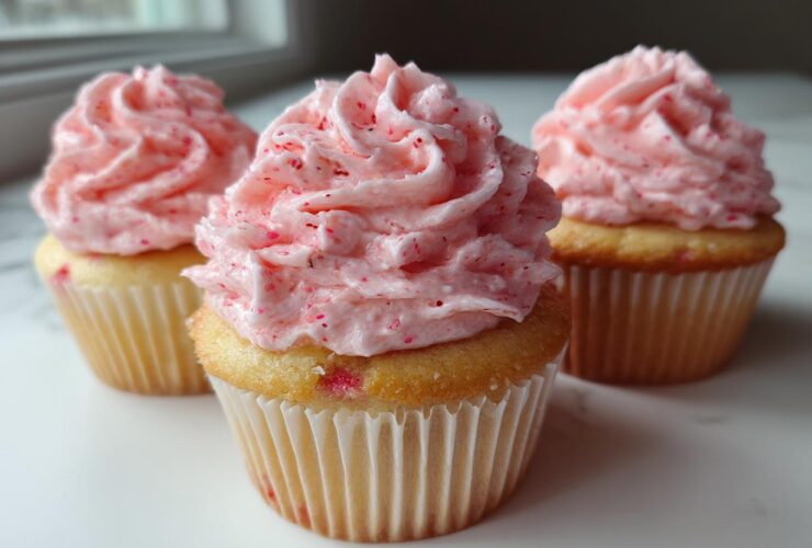 Three delicious strawberry cupcakes topped with swirled pink frosting speckled with strawberry pieces.
