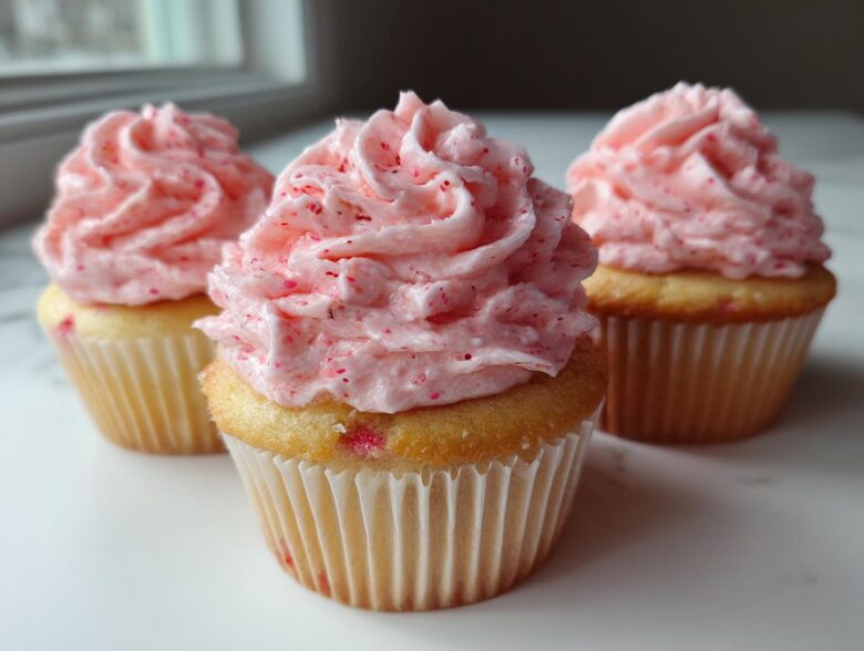 Three delicious strawberry cupcakes topped with swirled pink frosting speckled with strawberry pieces.