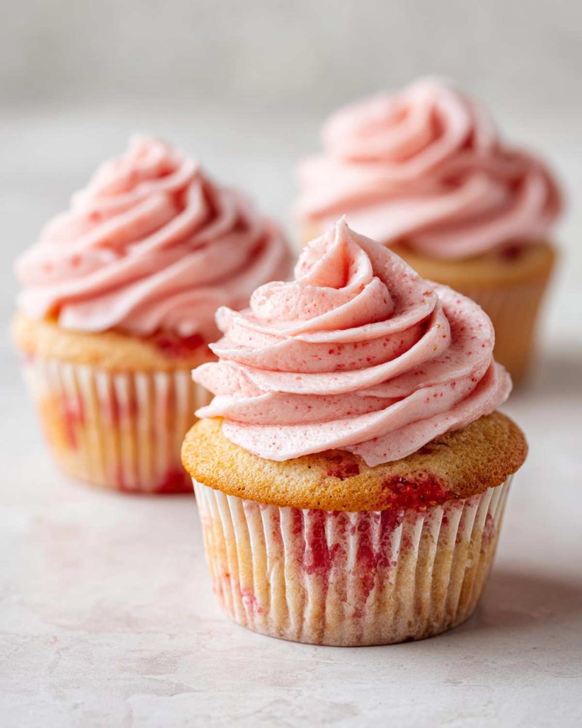 Three amazing strawberry cupcakes with swirls of pink strawberry frosting on a light surface.