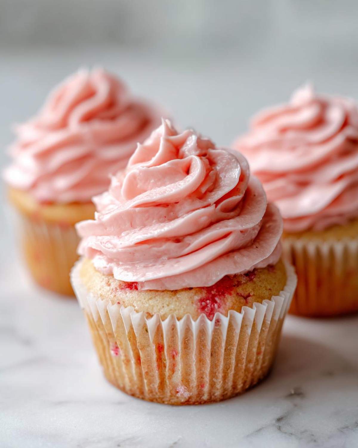 Three delicious strawberry cupcakes with swirls of pink frosting sitting on a white marble surface.