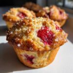 Close-up of a golden brown strawberry muffin topped with coarse sparkling sugar.
