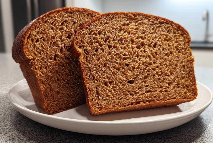 Two thick slices of dark, moist whole wheat bread displayed on a white plate.