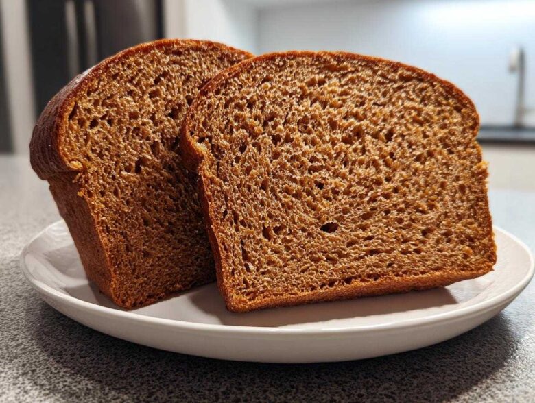 Two thick slices of dark, moist whole wheat bread displayed on a white plate.