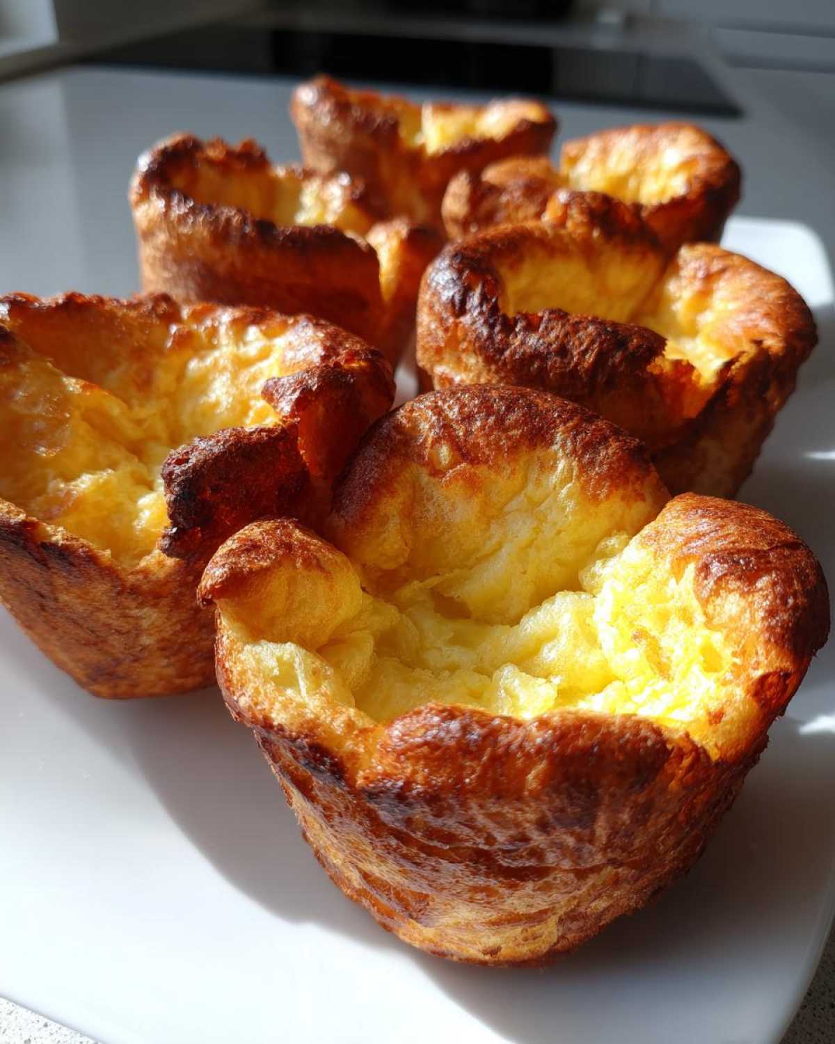 Close-up of several golden brown, perfectly risen yorkshire pudding baked in a muffin tin.
