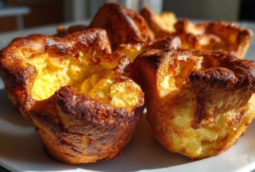 Close-up of several golden brown, perfectly risen yorkshire pudding on a white plate.