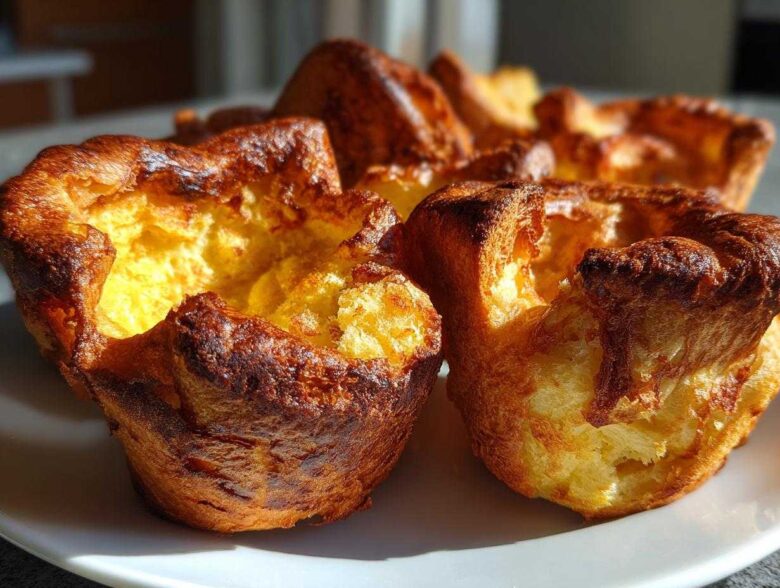 Close-up of several golden brown, perfectly risen yorkshire pudding on a white plate.