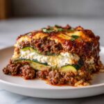 A close-up of a layered slice of zucchini lasagna featuring zucchini slices, ricotta, and rich meat sauce.