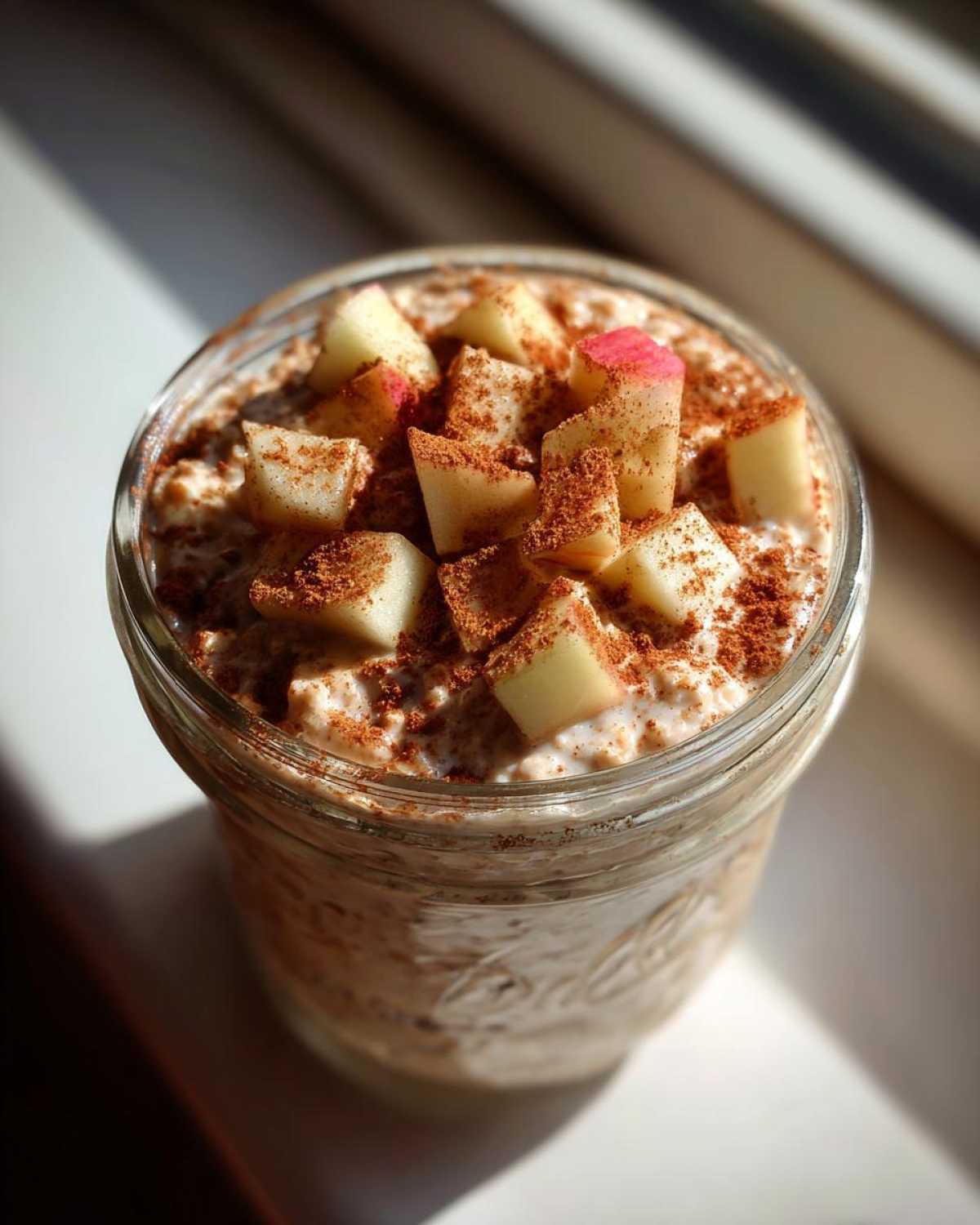 Overhead view of apple cinnamon overnight oats in a mason jar, topped with diced apples and cinnamon.