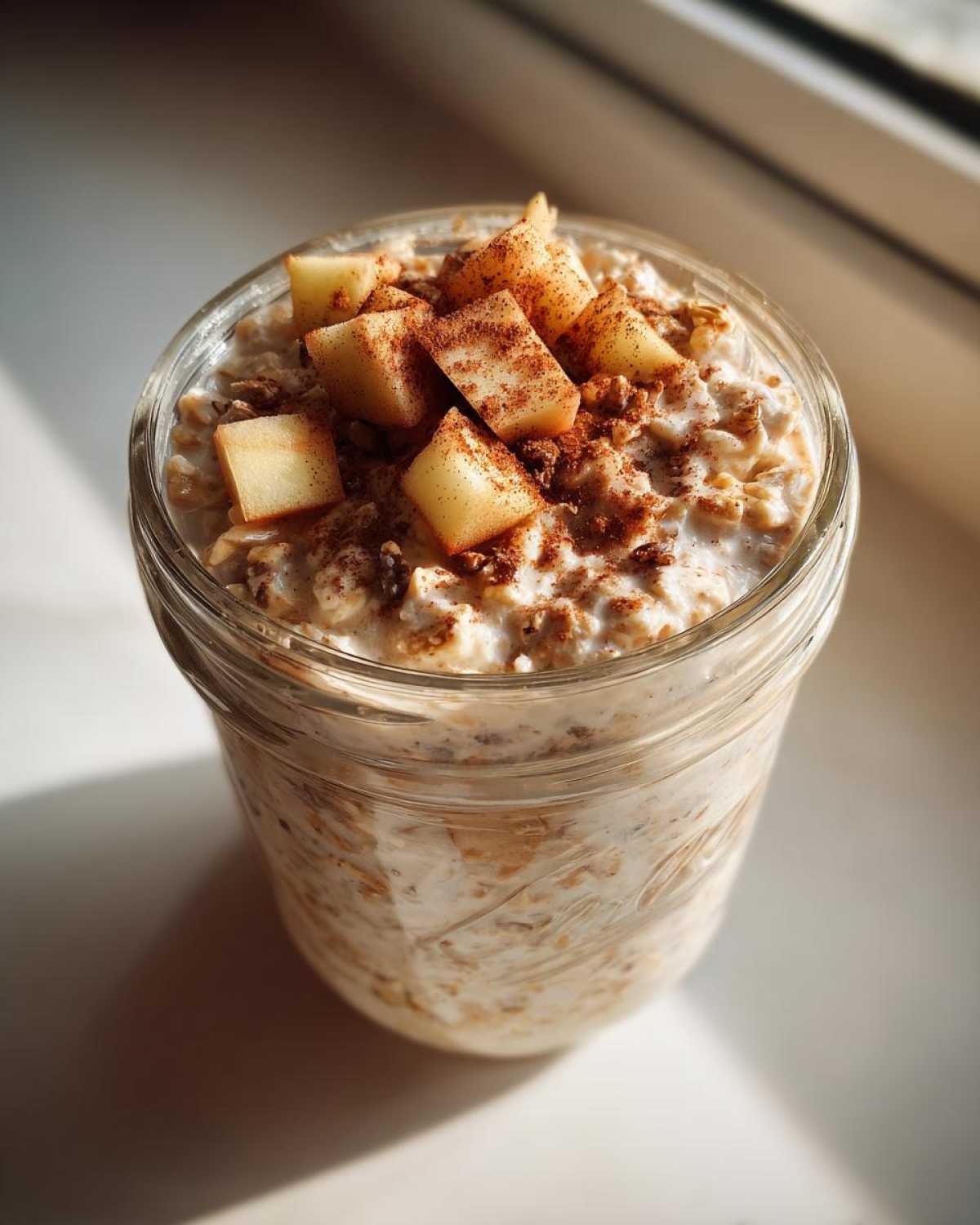 Close-up of apple cinnamon overnight oats in a mason jar, topped with diced apples and cinnamon.