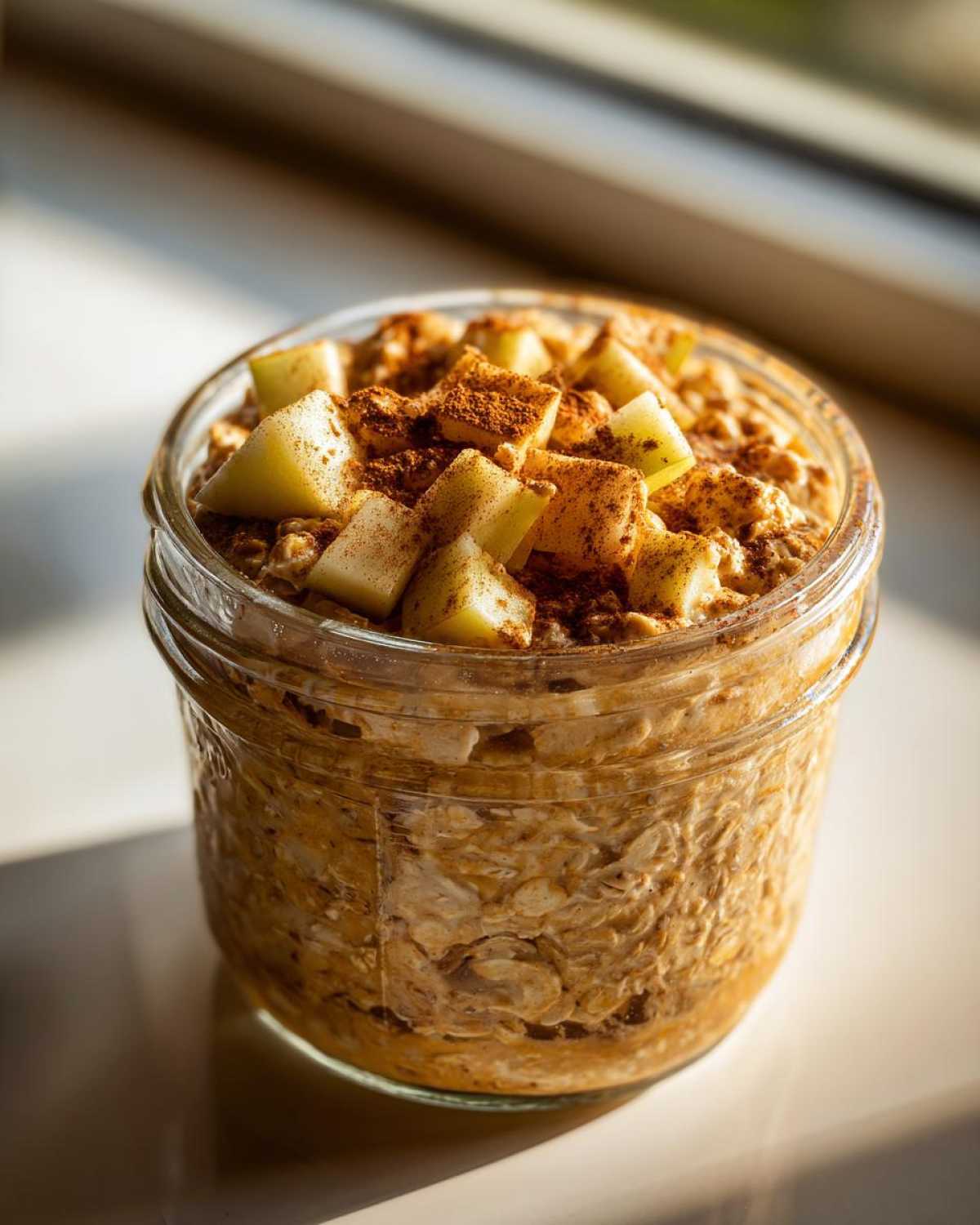 Close-up of apple cinnamon overnight oats in a glass jar, topped with diced apples and cinnamon.