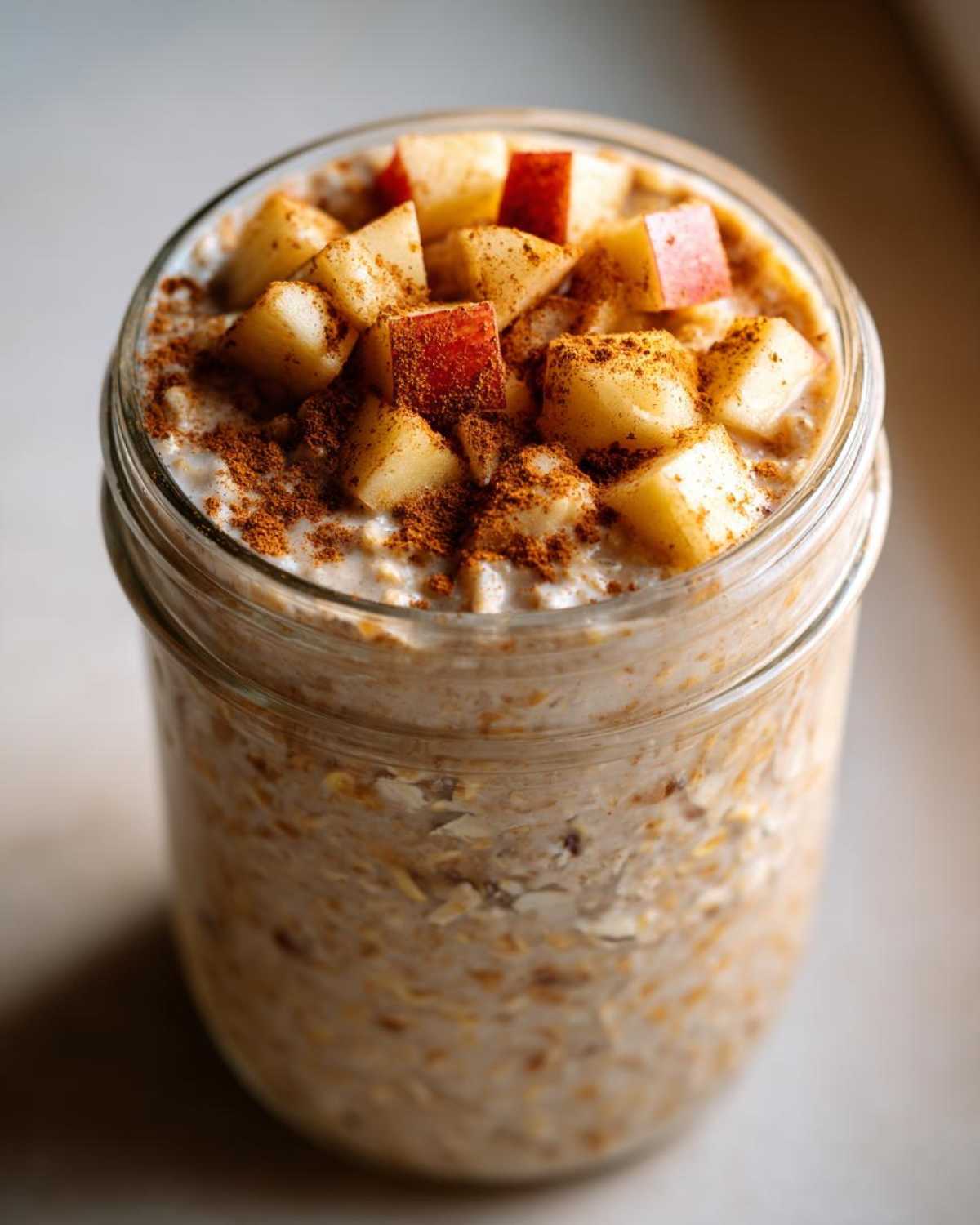Close-up of apple cinnamon overnight oats in a glass jar, topped with diced red apples and a sprinkle of cinnamon.