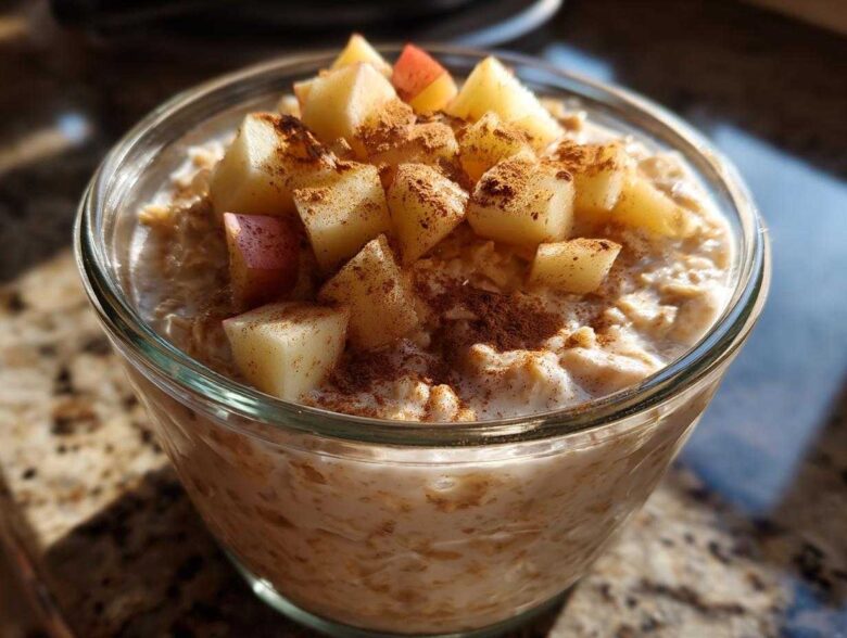 A close-up of creamy apple cinnamon overnight oats topped with diced apples and a dusting of cinnamon in a clear glass jar.