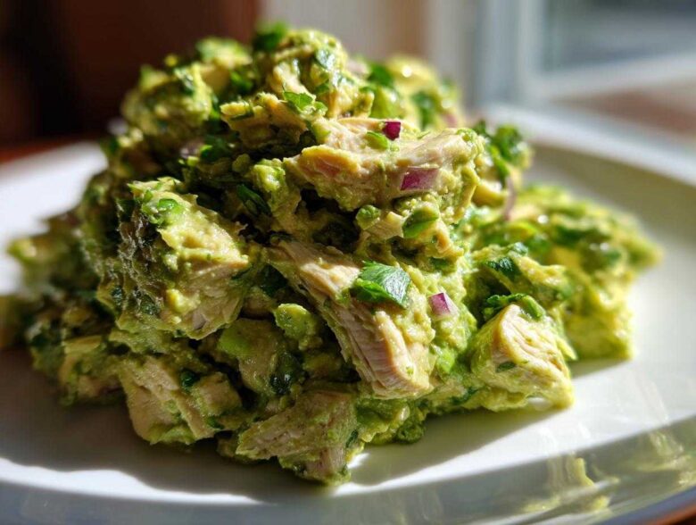 A mound of chunky avocado chicken salad, featuring visible pieces of chicken, mashed avocado, and red onion, served on a white plate.
