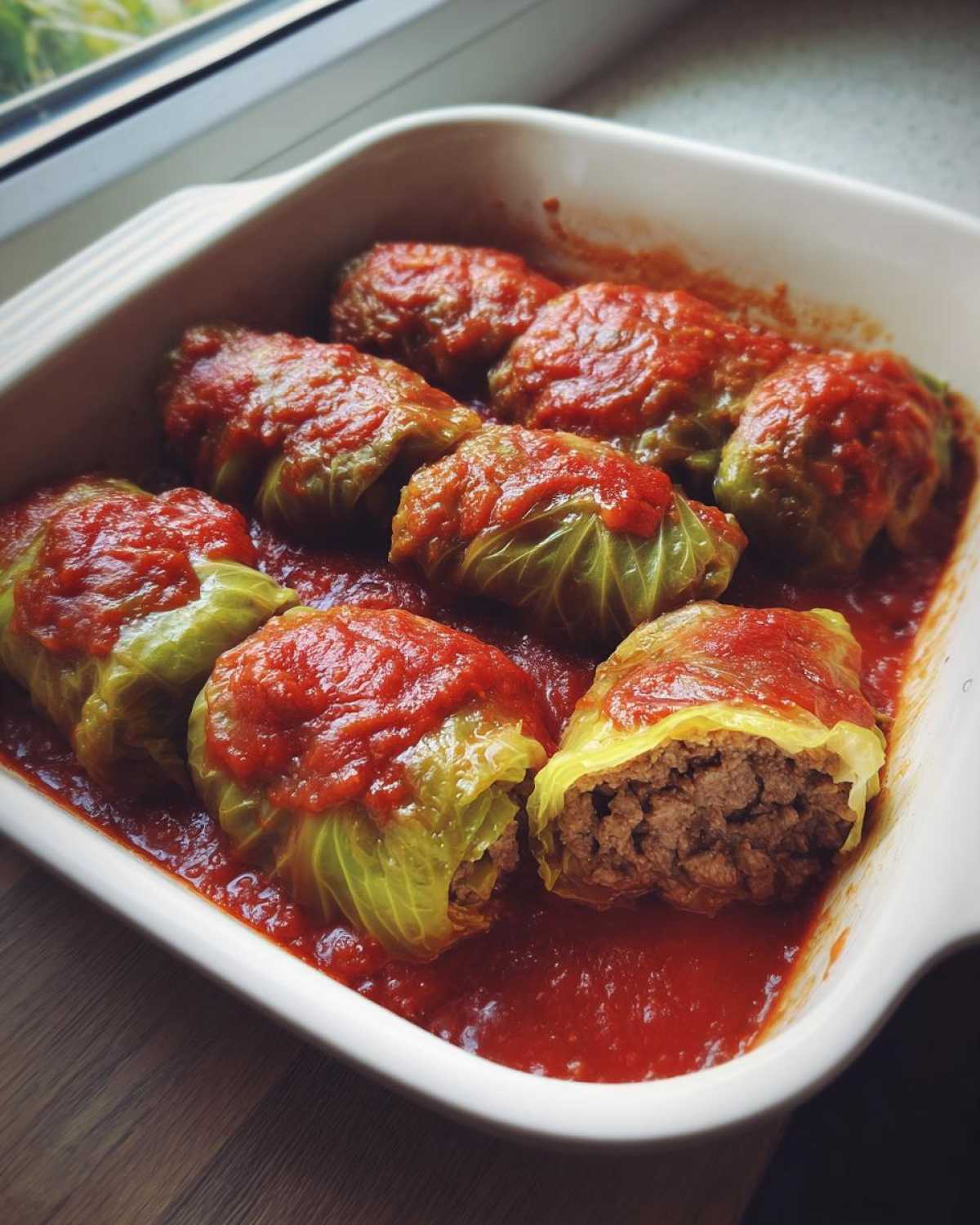 A white baking dish filled with savory cabbage rolls smothered in bright red tomato sauce.