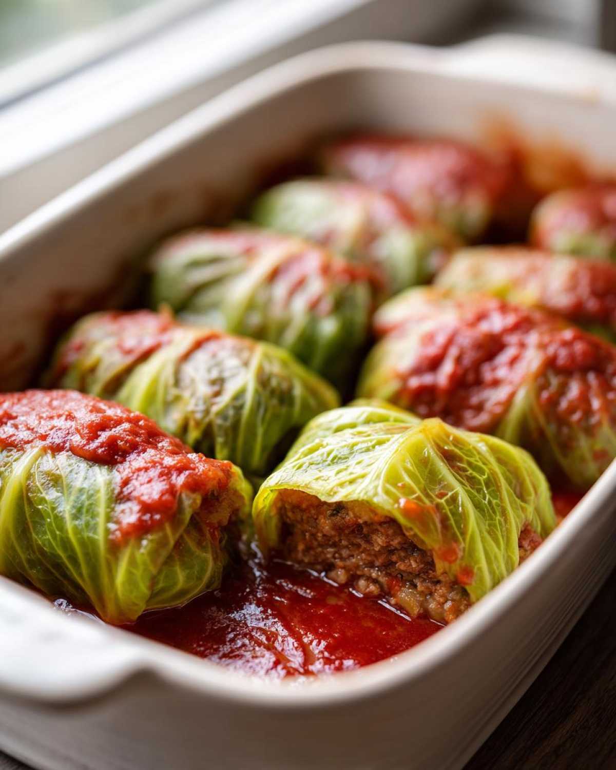 Close-up of homemade cabbage rolls stuffed with meat, simmering in a bright red tomato sauce in a white baking dish.