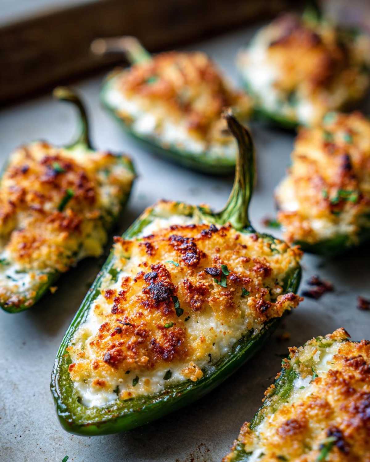 Close-up of several freshly baked jalapeño poppers stuffed with creamy filling and topped with golden, crispy breadcrumbs.