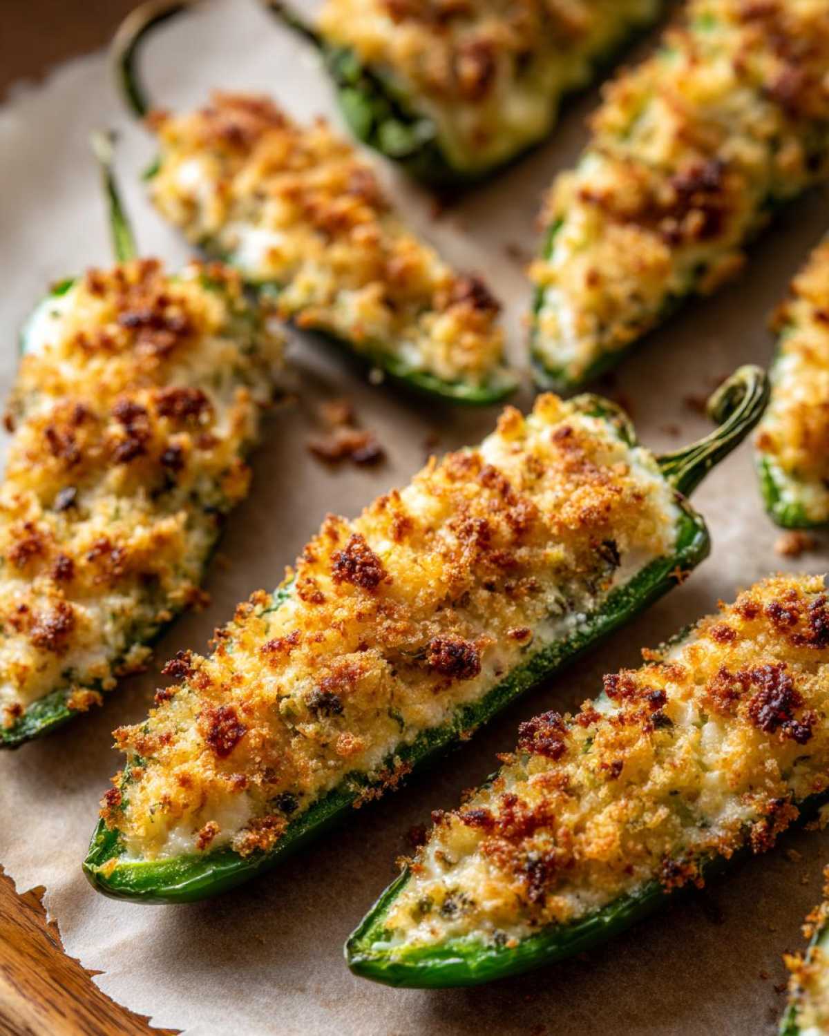 Close-up of baked jalapeño poppers stuffed with creamy filling and topped with crispy golden breadcrumbs.