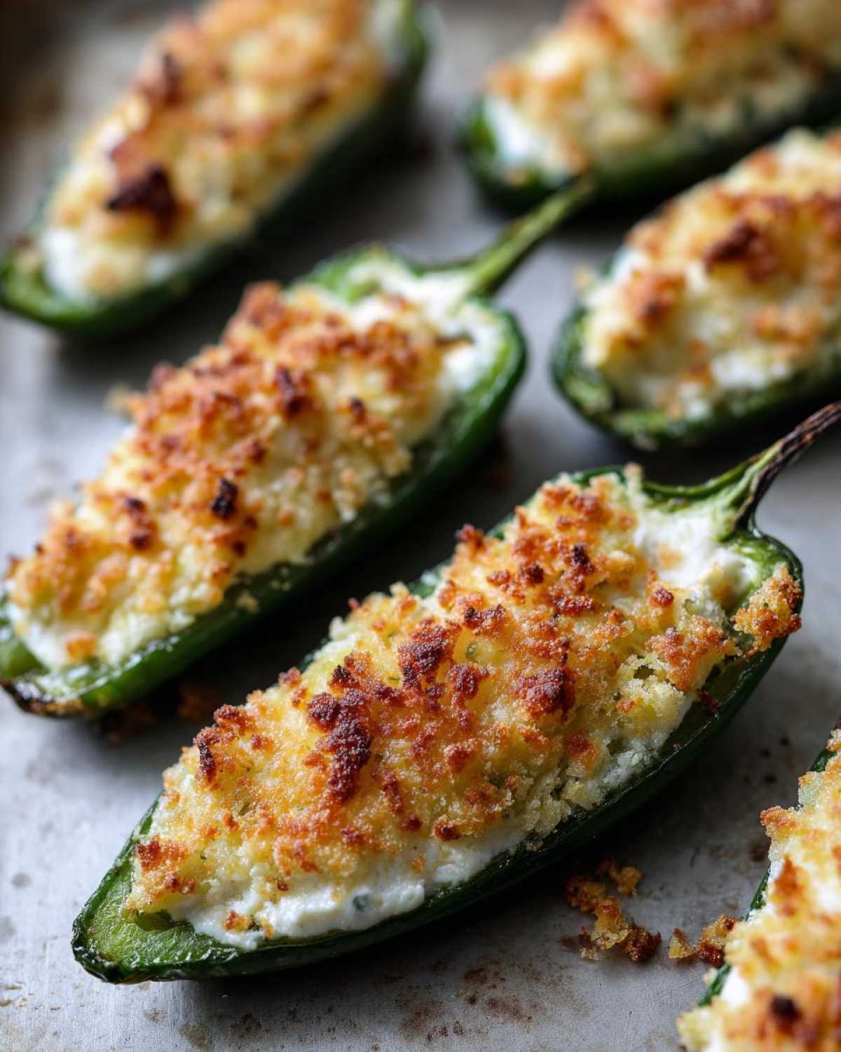 Close-up shot of baked jalapeño poppers stuffed with cream cheese and topped with golden, crispy breadcrumbs.