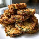 A stack of golden brown, crispy baked parmesan zucchini slices piled high on a white plate.