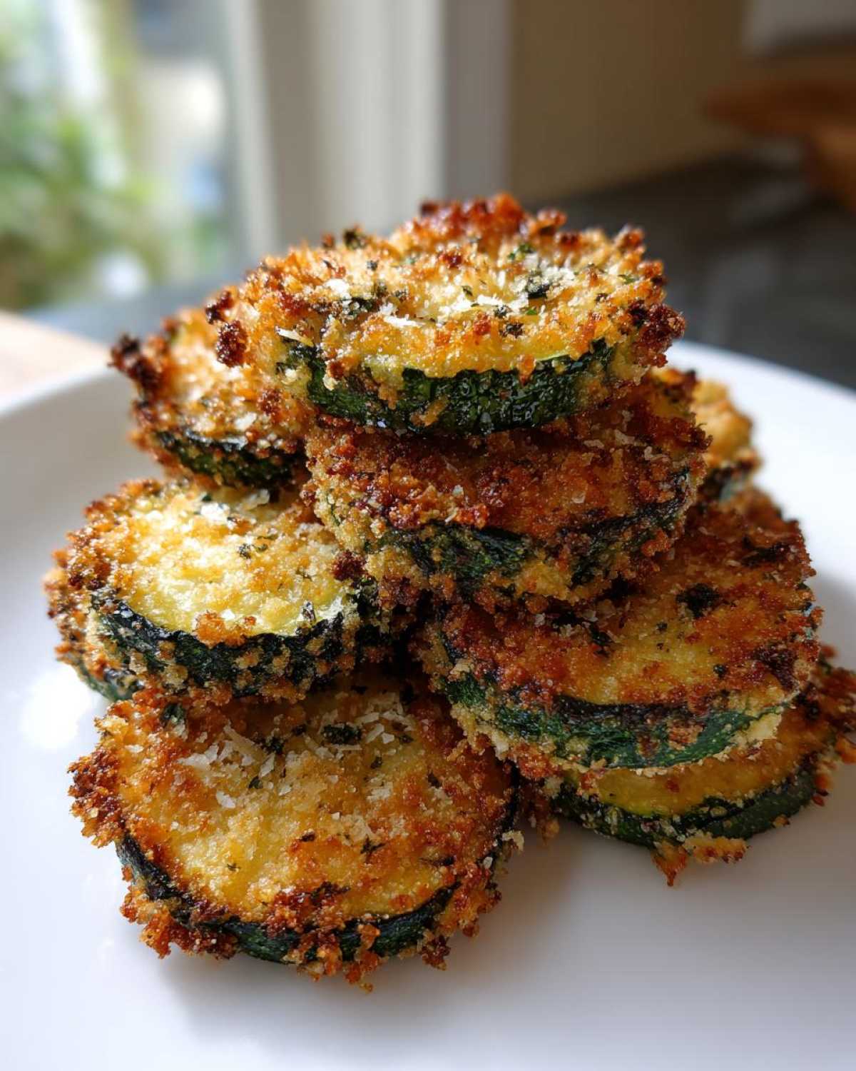 A close-up stack of perfectly golden brown baked parmesan zucchini slices, showing a crispy coating.