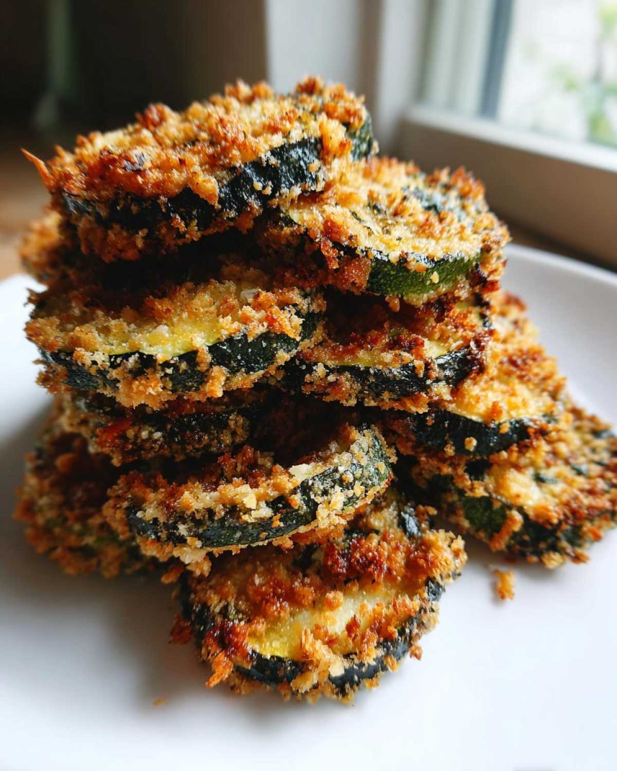 A stack of golden brown, crispy baked parmesan zucchini slices piled high on a white plate.