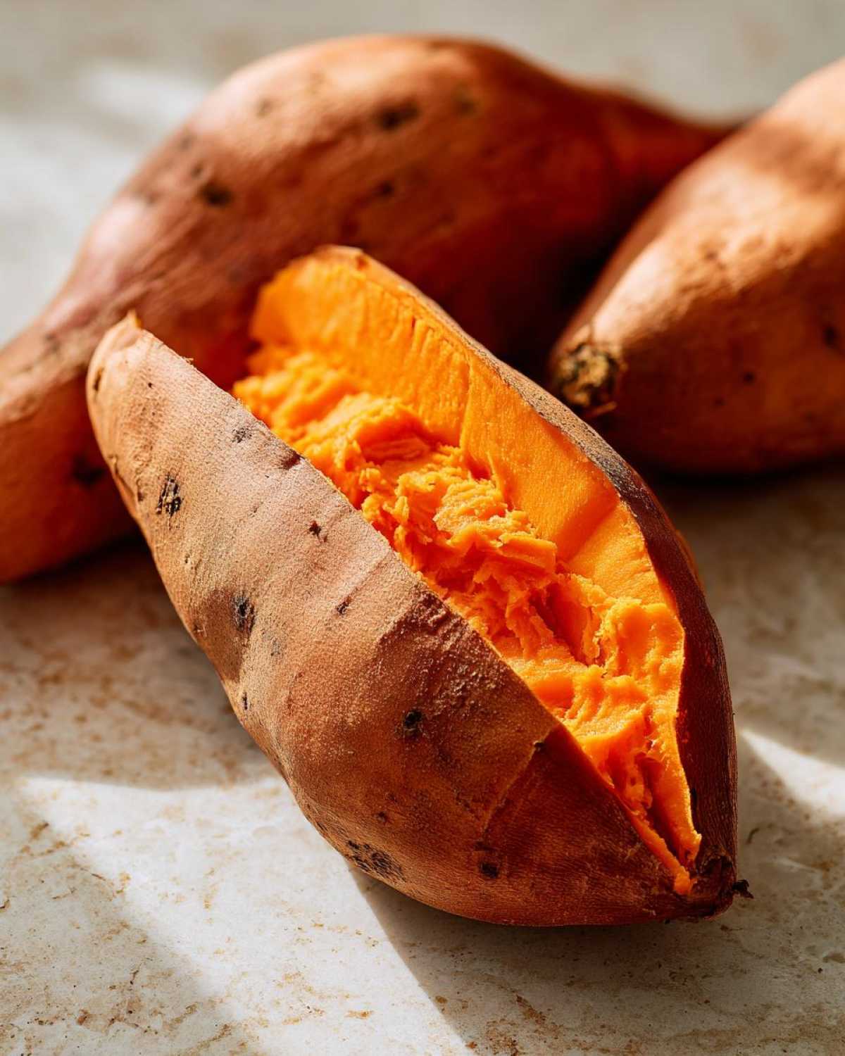 Close-up of a perfectly baked sweet potato split open revealing its bright orange, fluffy interior.