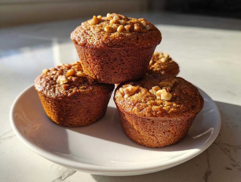 A stack of four golden brown banana nut muffins topped with walnuts, sitting on a white plate in bright sunlight.