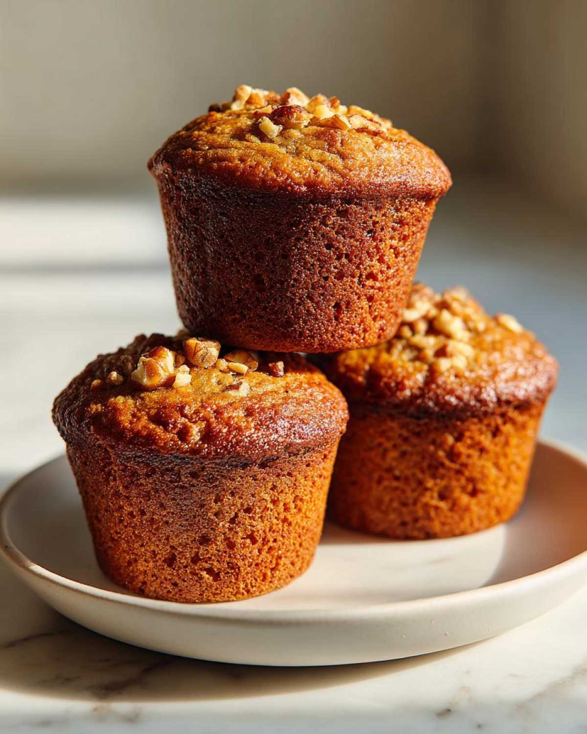 Three golden brown banana nut muffins stacked on a light plate, topped with chopped walnuts.