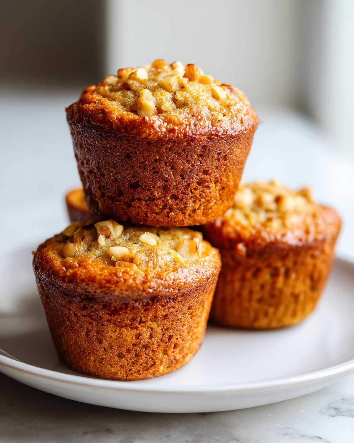 A stack of three golden brown banana nut muffins topped with chopped walnuts resting on a white plate.