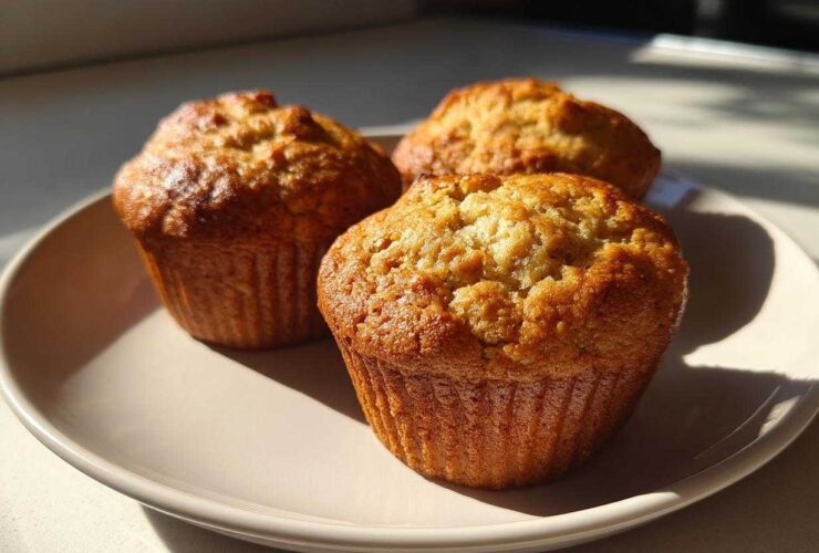 Three freshly baked banana protein muffins with golden-brown tops sitting on a pale plate in bright sunlight.