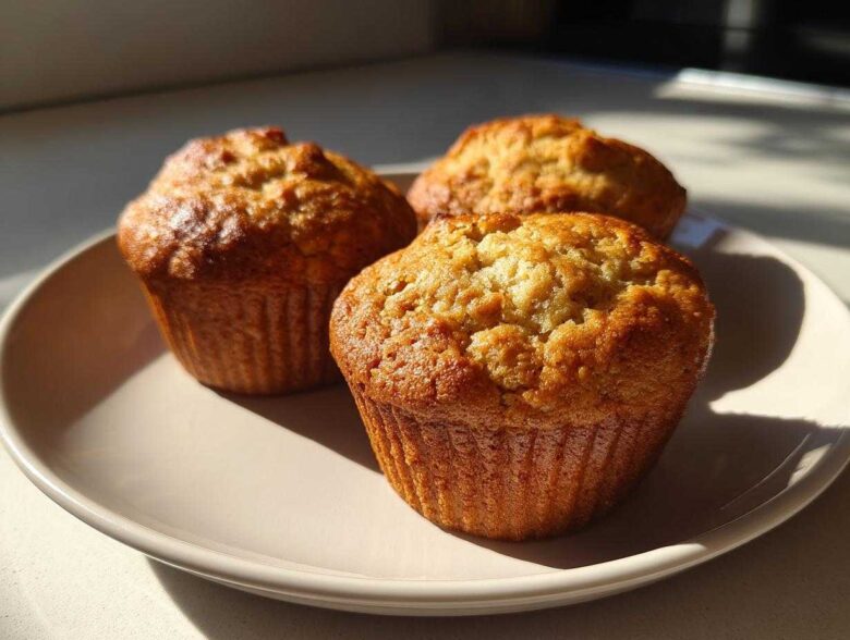 Three freshly baked banana protein muffins with golden-brown tops sitting on a pale plate in bright sunlight.