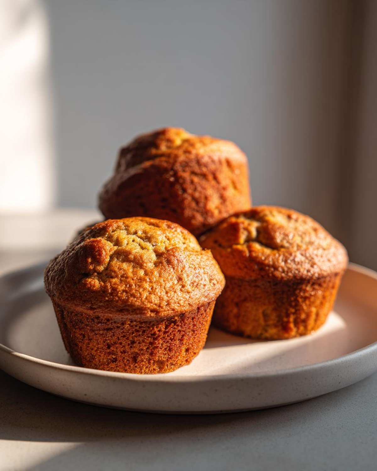 Three freshly baked banana protein muffins with golden-brown tops resting on a light ceramic plate.