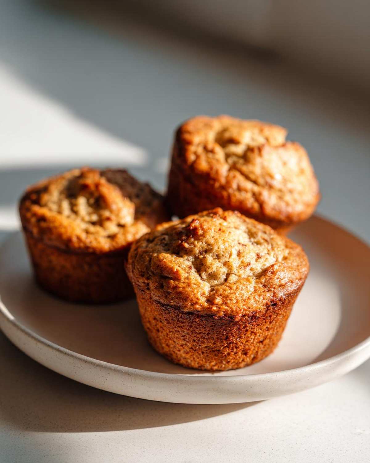 Close-up of three perfectly baked banana protein muffins sitting on a light-colored speckled plate, highlighted by strong natural light.